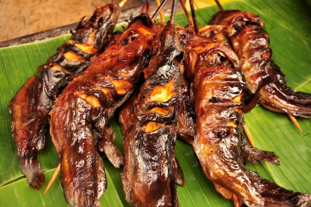 Grilled fresh Walking catfish with herbs and lemon on banana leafの写真素材