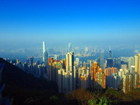 Aerial view skyline at sunset, Hong Kong Cityの写真素材