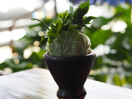 Wood mortar vegetablesの写真素材