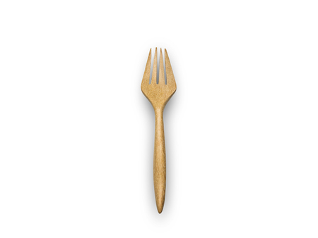 top view wooden fork on white isolateの写真素材