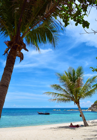 The coconut front of the beach with blue sky and sunbathe people at Koh Chang island in Thailandの写真素材