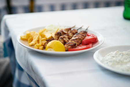 Delicious Greek souvlaki meal on a plate with grilled meat skewers, french fries, sliced tomatoes, fresh lemon, onions, and a side bowl of tzatziki sauce, Greece.