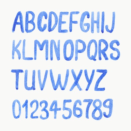 Vector illustration. Watercolor or aquarelle blue font. Handdrawn alphabet with numbers.のイラスト素材