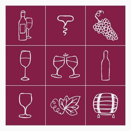 Set of wine making icons, vector illustration. Bottle, corkscrew,grape ripe, glass of wine, grape leaf, stain. Doodle styleのイラスト素材