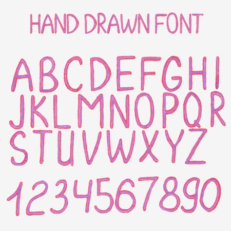 Vector illustration. Hand drawn red and violet font. Handsketched alphabet with numbers.のイラスト素材