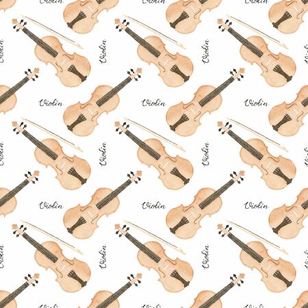 Seamless watercolor pattern with violin on the white background, aquarelle. Vector illustration. Hand-drawn background. Original background. Useful for invitations, scrapbooking, design. Classical and modern musicのイラスト素材