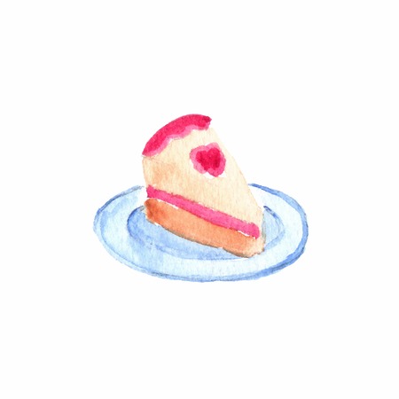 Slice or piece of birthday cake. Watercolor object on the white background, aquarelle. Vector...
