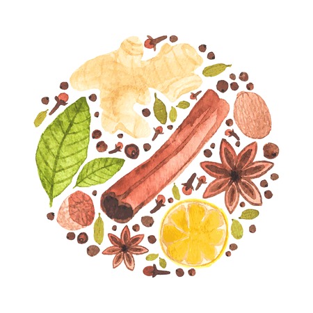 Vector watercolor circle design made of spices for mulled wine. Watercolor. Christmas or menu decor. Ideal for design and scrapbooking.のイラスト素材