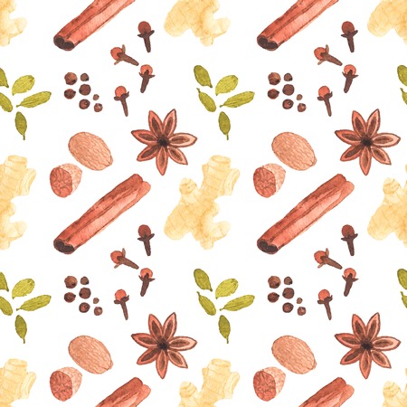Seamless watercolor pattern with cinamon, ginger,cloves,allspice,cardamom  on the white background, aquarelle.  Vector illustration. Hand-drawn background.のイラスト素材