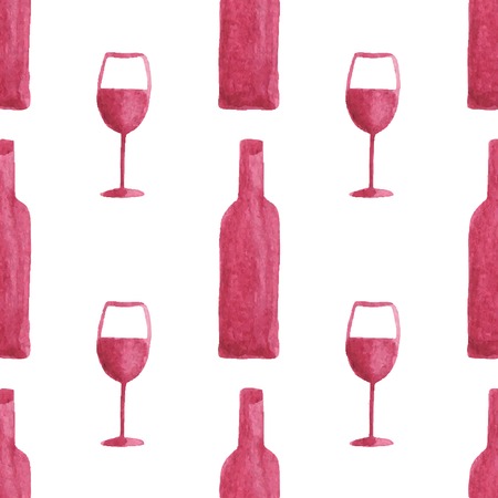 Seamless watercolor pattern with wine bottles and glasses, aquarelle.  Vector illustration. Hand-drawn background. Useful for invitations, scrapbooking, design.のイラスト素材