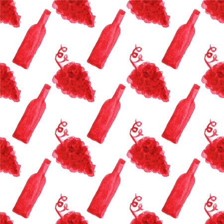 Seamless watercolor pattern with grape bunch and wine bottle on the white background, aquarelle.  Vector illustration. Hand-drawn background. Original wine theme background. Useful for invitations, scrapbooking, design.のイラスト素材