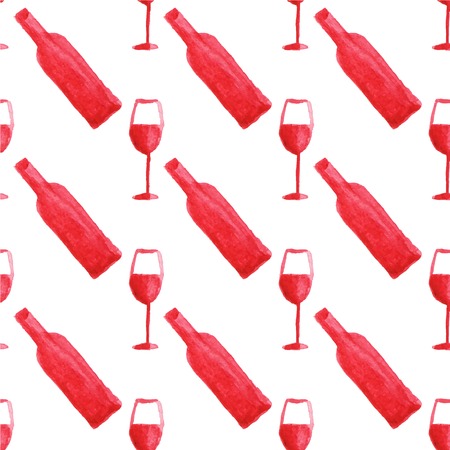 Seamless watercolor pattern with wine bottle and glass on the white background, aquarelle.  Vector illustration. Hand-drawn background. Original wine theme background. Useful for invitations, scrapbooking, design.のイラスト素材