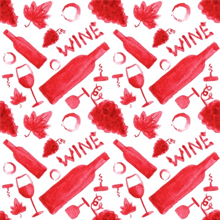 Seamless watercolor pattern with wine stuff on the white background, aquarelle.  Vector illustration. Hand-drawn background. Original wine theme background. Useful for invitations, scrapbooking, design.のイラスト素材