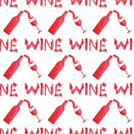 Seamless watercolor pattern with wine stuff on the white background, aquarelle.  Vector illustration. Hand-drawn background. Original wine theme background. Useful for invitations, scrapbooking, design.のイラスト素材