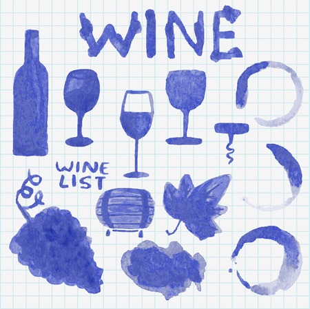 Set of watercolor wine stuff. Decoration and design. Sketch on the copybook sheet. Vector illustration. Easy to paste to any backgroundのイラスト素材