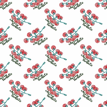 Seamless watercolor pattern with cherry tomatoes on the white background, aquarelle. Vector illustration. Hand-drawn background. Original vegetable background. Useful for invitations, scrapbooking, design.のイラスト素材