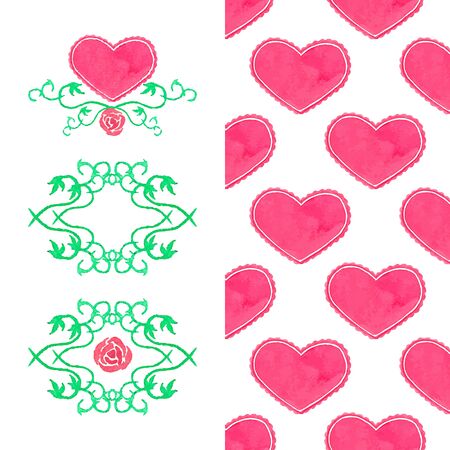 Watercolor set. seamless heart pattern and wreaths on the white backgroundのイラスト素材