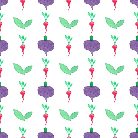 Seamless watercolor pattern with beetroot and radishes on the white background.のイラスト素材