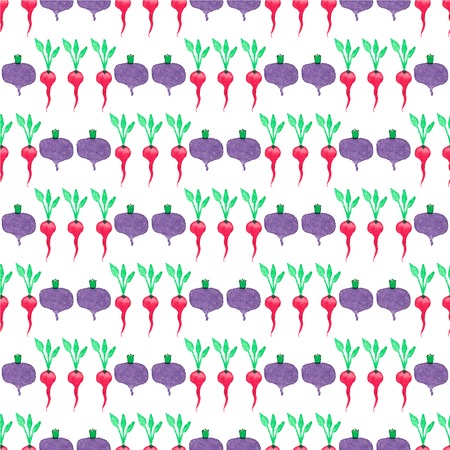Seamless watercolor pattern with beetroot and radishes on the white background.のイラスト素材
