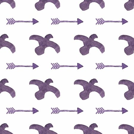Ethnic seamless pattern in native style. Violet birds and arrows on white background. のイラスト素材