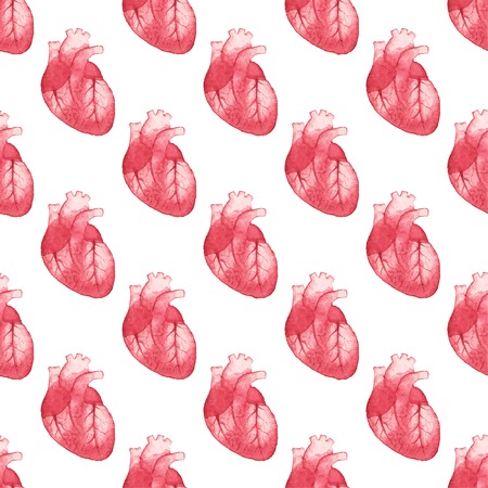 Watercolor seamless pattern with realistic human heart on the white background