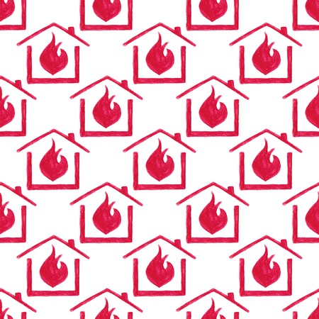Watercolor seamless pattern with house in fire on the white backgroundのイラスト素材