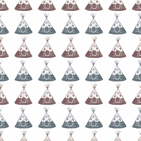 Watercolor seamless pattern with teepee on the white background