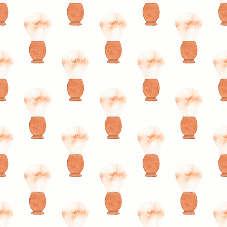 Barber brush. Seamless watercolor pattern with old-fashioned brushes on the white background, aquarelle. Vector illustration. Hand-drawn original background for barber shop. Useful for design.のイラスト素材