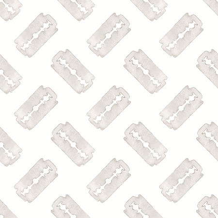 Razor. Seamless watercolor pattern with stainless razor on the white background, aquarelle. Vector illustration. Hand-drawn original background for barber shop.  Real watercolor painting.のイラスト素材