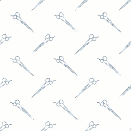 Scissors. Barber shop or tailor theme. Seamless watercolor pattern with scissors on the white background, aquarelle. Vector illustration. Hand-drawn original background for barber shop.  Real watercolor painting.のイラスト素材