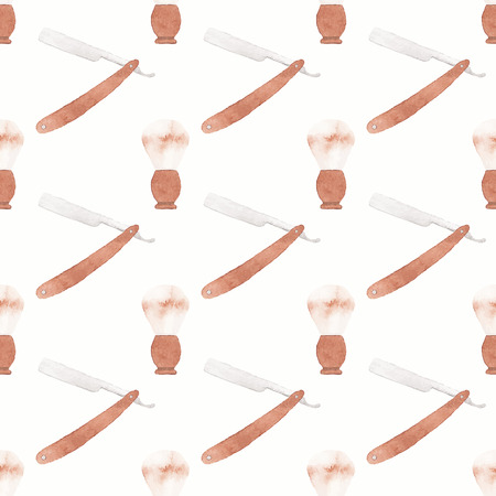 Straight razor and barber brush. Seamless watercolor pattern on the white background, aquarelle. Vector illustration. Hand-drawn original background for barber shop. Useful for design.のイラスト素材