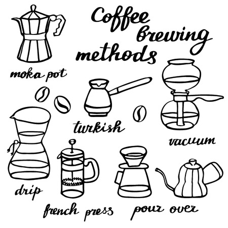 Coffee brewing methods set. Hand-drawn cartoon coffee makers. Doodle drawing. Vector illustration.のイラスト素材