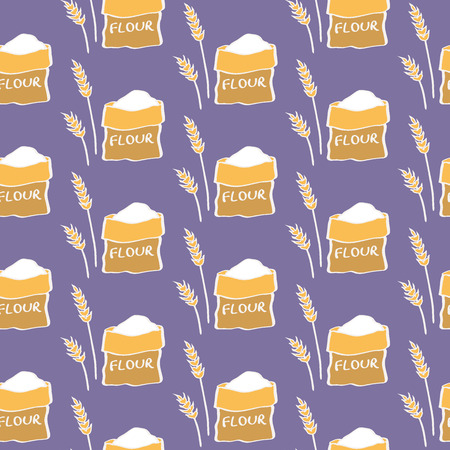 Flour. Seamless pattern with sack of flour and wheat. Hand-drawn sketch background. Vector illustration.のイラスト素材