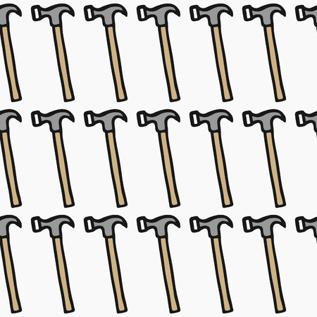 Claw hammer - wood and tools. Hand-drawn seamless cartoon pattern with hammers. Doodle drawing. Vector illustration.のイラスト素材