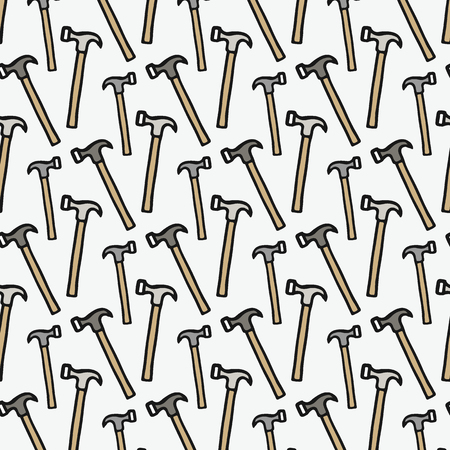 Claw hammer - wood and tools. Hand-drawn seamless cartoon pattern with hammers. Doodle drawing. Vector illustration.のイラスト素材