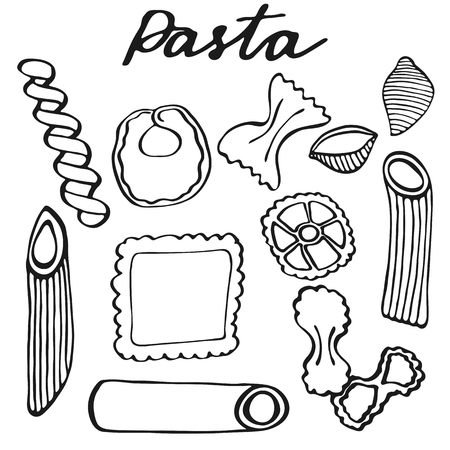 Pasta set. Hand-drawn cartoon kinds of pasta. Doodle drawing. Vector illustration.のイラスト素材