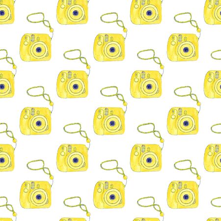 Instant photo camera. Seamless pattern with cameras. Hand-drawn background. Vector illustration. Real watercolor drawing.のイラスト素材
