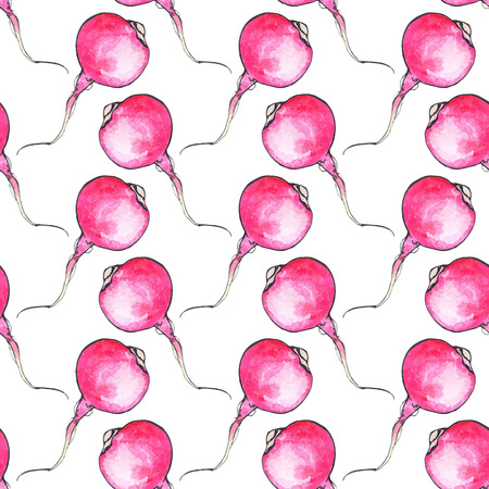 Radish. Seamless pattern with vegetables. Hand-drawn background. Vector illustration. Real watercolor drawing.のイラスト素材