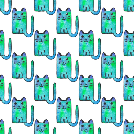 Seamless pattern with cartoon cats. Hand-drawn background. Vector illustration. Real watercolor drawing.のイラスト素材