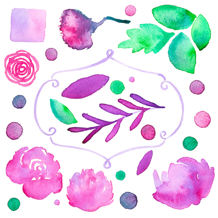 Flowers. Hand-drawn set of different flourishes, dots and frame. Vector illustration. Traced paintingのイラスト素材