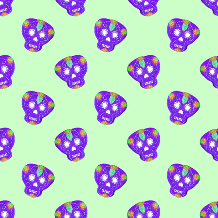 Sugar skull. Seamless pattern with Day of the Dead symbol. Felted skull with embroideryの写真素材