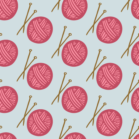 Yarn ball and knitting needles. Hand-drawn seamless cartoon pattern with yarn and needle. Doodle drawing. Vector illustration.のイラスト素材