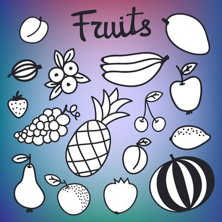 Fruit set. Hand-drawn different cartoon fruits. Doodle drawing. Vector illustration.のイラスト素材