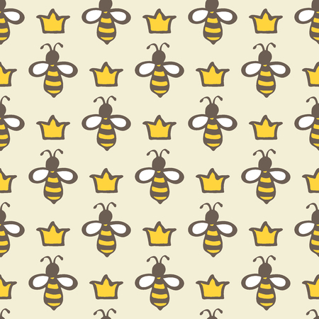 Queen bee. Hand-drawn seamless cartoon pattern with bees and crowns. Doodle drawing. Vector illustration.のイラスト素材