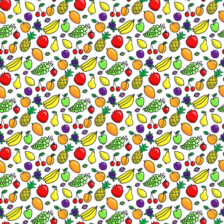 Fruits. Seamless pattern with different fruits on the white background. Hand-drawn original background. Swatch inside. Vector illustrationのイラスト素材