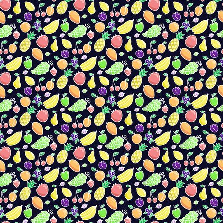 Fruits. Seamless pattern with different fruits on the black background. Hand-drawn original background. Swatch inside. Vector illustrationのイラスト素材