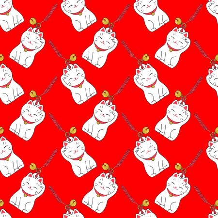 Maneki-neko. Seamless pattern with japanese lucky welcoming cat. Hand-drawn original background. Real watercolor drawing.の写真素材
