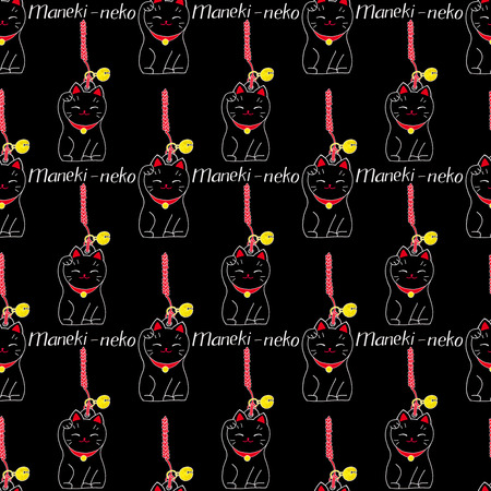 Maneki-neko. Seamless pattern with japanese lucky welcoming cat. Hand-drawn original background. Real watercolor drawing.の写真素材