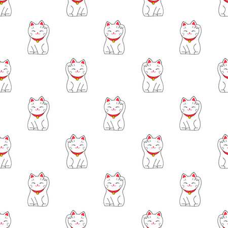 Maneki-neko. Seamless pattern with japanese lucky welcoming cat. Hand-drawn original background. Real watercolor drawing.の写真素材