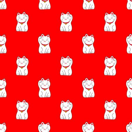 Maneki-neko. Seamless pattern with japanese lucky welcoming cat. Hand-drawn original background. Real watercolor drawing.の写真素材